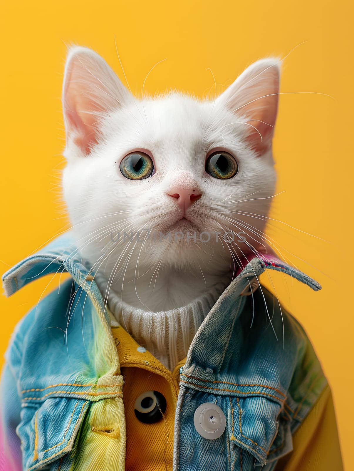 A Felidae cat is stylishly dressed in a denim jacket and sweater. With whiskers and a fawn snout, this carnivore looks trendy in creative arts collar from pet supply store