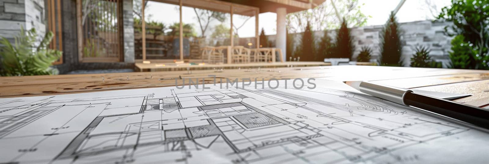 A detailed drawing of a charming house placed on a table, showcasing architectural plans and design ideas for a renovation project. Generative AI by AnatoliiFoto
