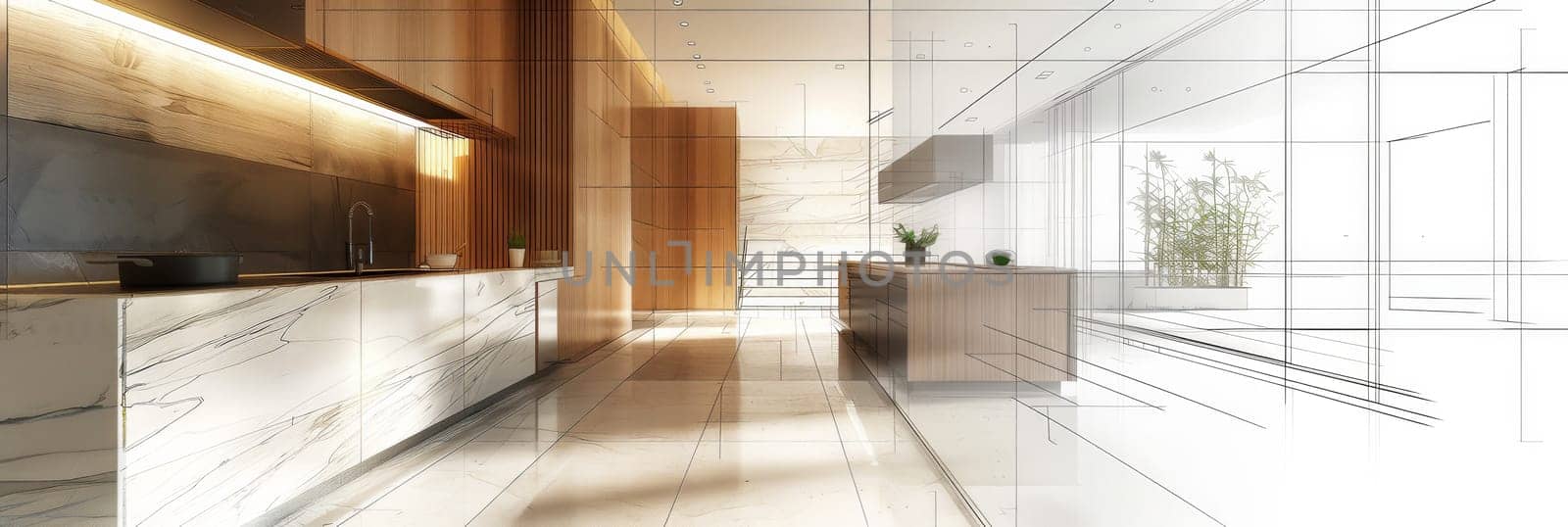 A hand-drawn kitchen design showcasing a stylish counter and sleek cabinets, brimming with functional elegance and modern charm. Generative AI by AnatoliiFoto