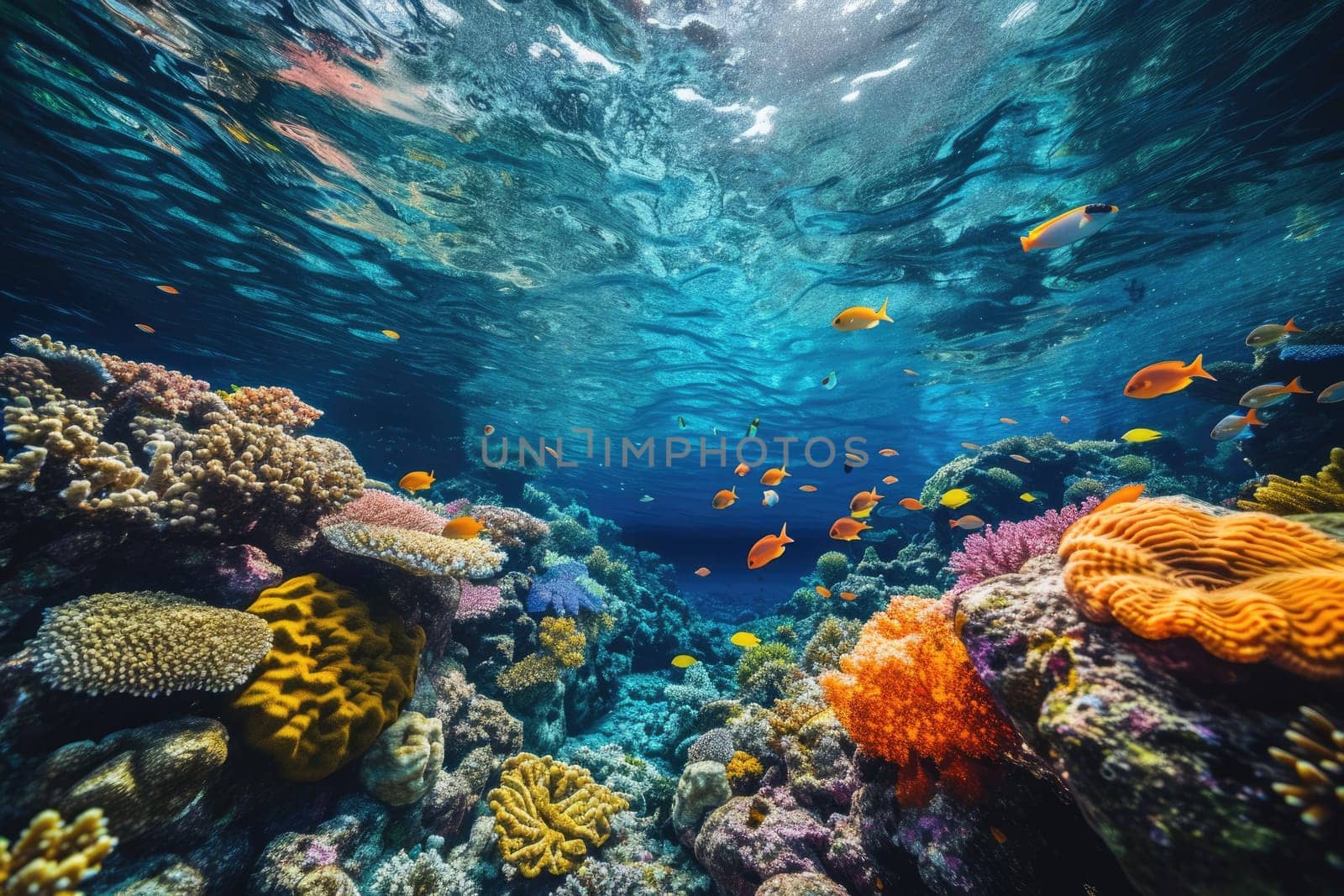 An underwater coral reef scene, diverse marine life, vivid colors, showcasing the beauty and diversity of ocean life. Underwater photography, coral reef ecosystem, diverse marine life,. Resplendent.