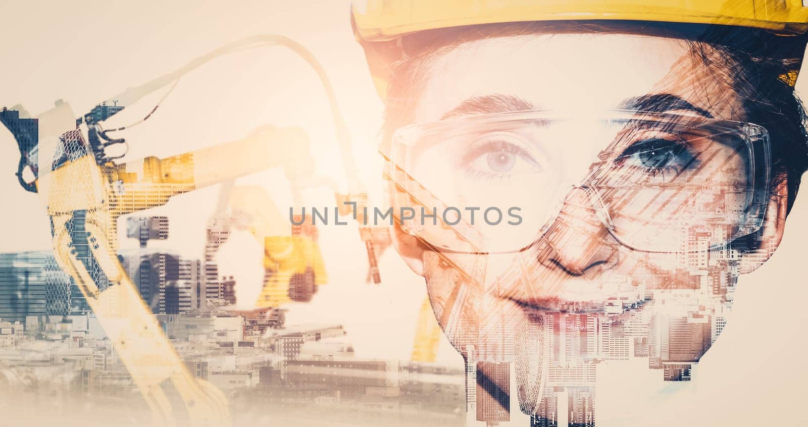 MLP Mechanized industry robot arm and factory worker double exposure. Concept of robotics technology for industrial revolution and automated manufacturing process.