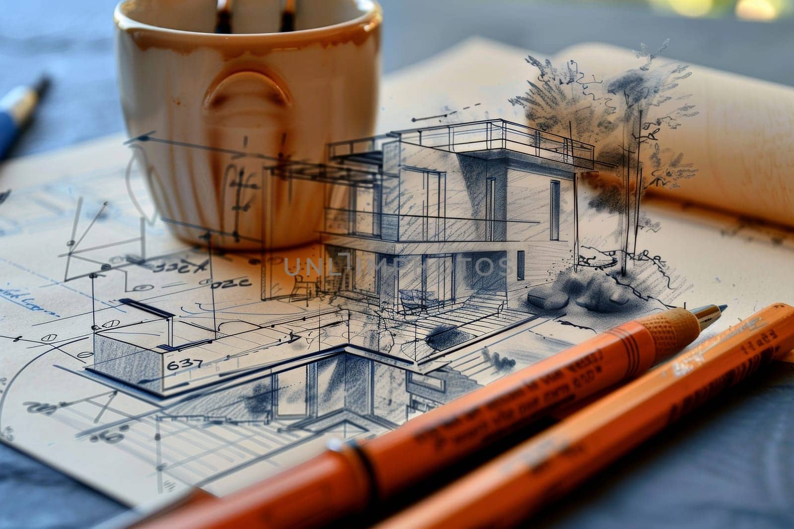 A cup of coffee rests gracefully on top of a blueprint filled with project renovation sketches, plans, and design ideas. Generative AI by AnatoliiFoto