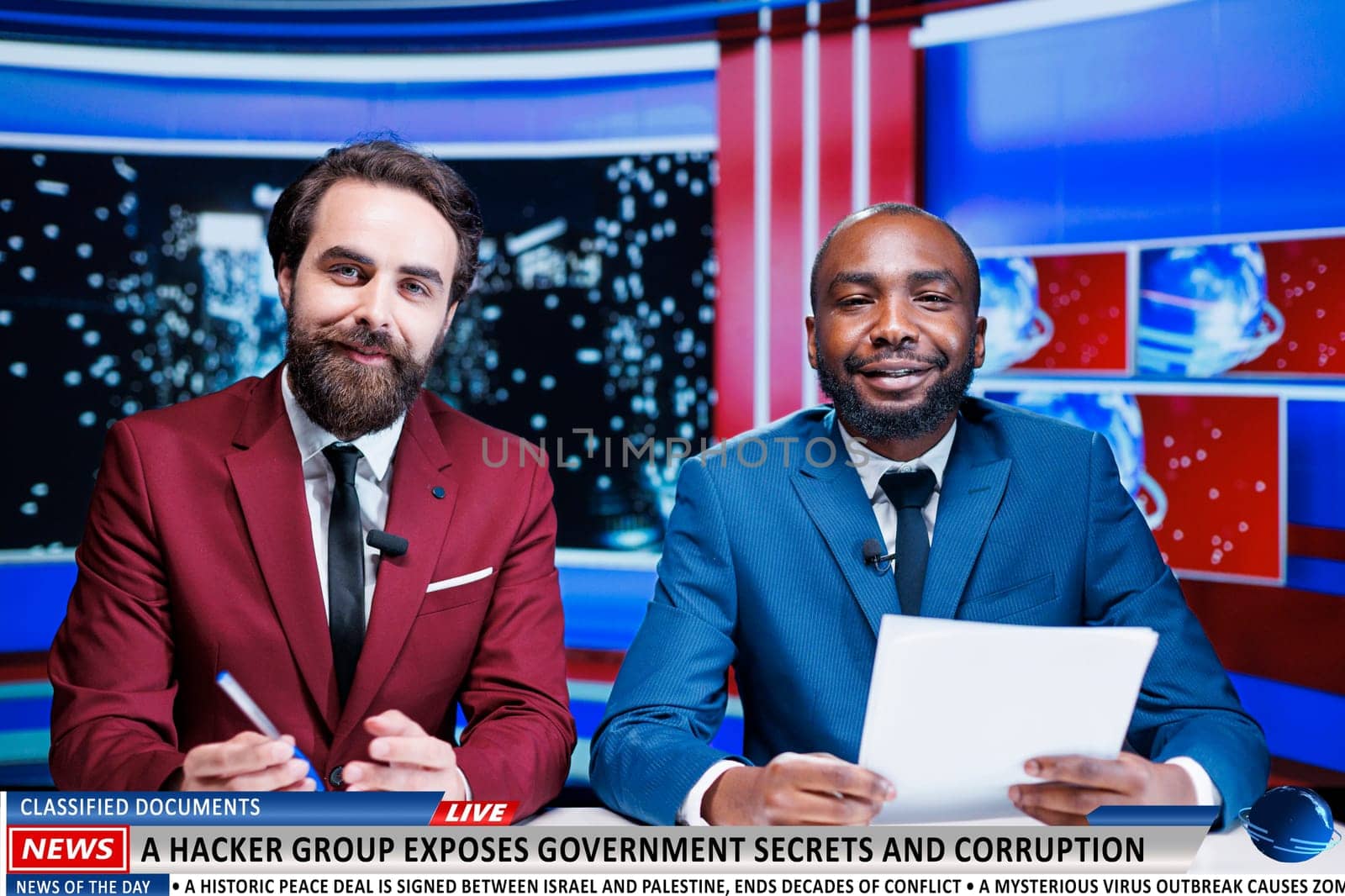 News about hackers revealing state secrets through classified documents discovered on servers, journalists team broadcasting live. Two reporters presenting government information exposed.