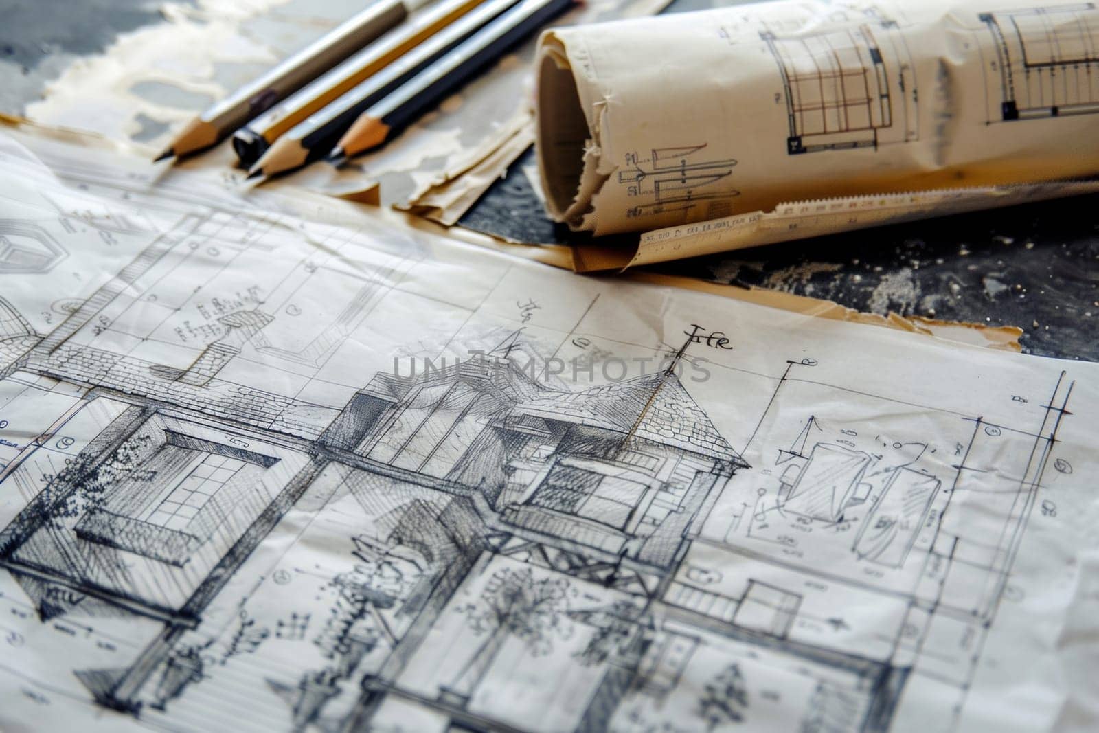 A detailed drawing of a house sits atop a piece of paper filled with renovation plans, showcasing artistic design concepts.