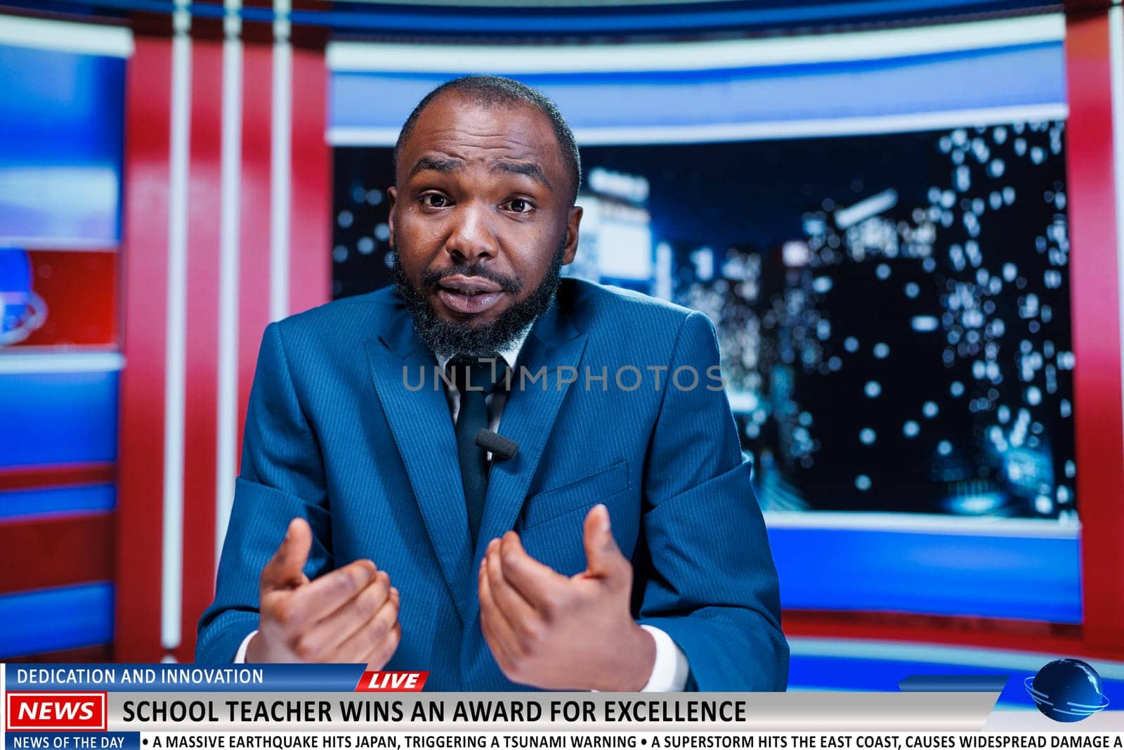 Reporter announces teacher winning award for ingenuity in news studio, man newscaster discussing about successful professor awarded with prize. News anchor hosting live night show.