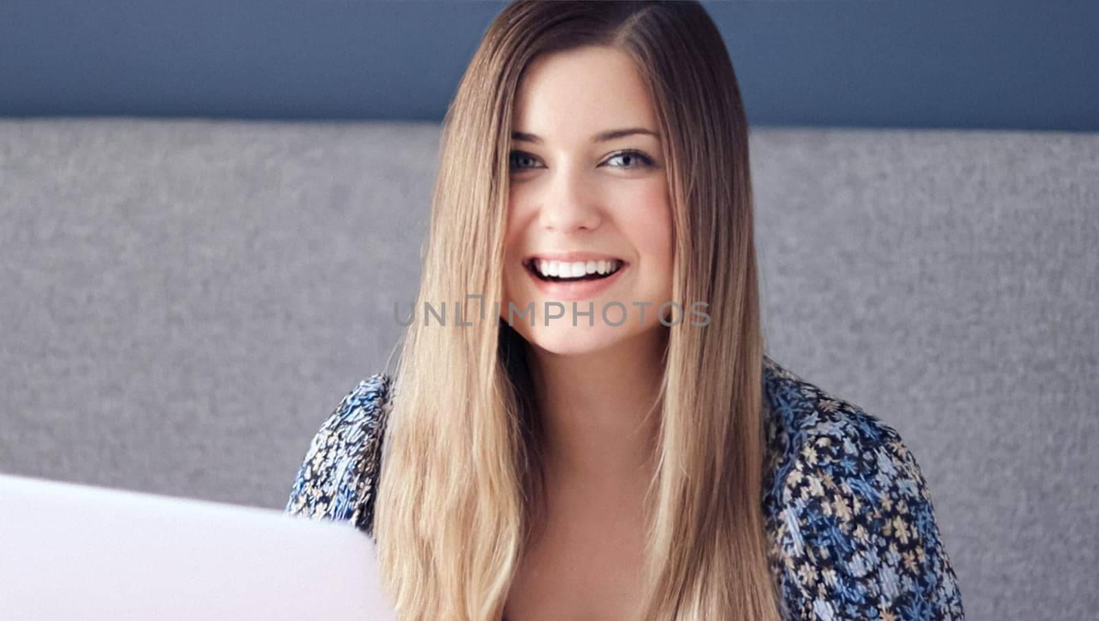 Beautiful woman working at computer desk, from home, female student masters degree course, laptop for elearning, university education, language school or online shopping by Anneleven