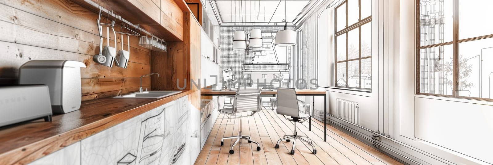 A hand-drawn illustration of a cozy kitchen with a stylish desk and chairs, inviting you to savor meals and plan recipes in a harmonious atmosphere.