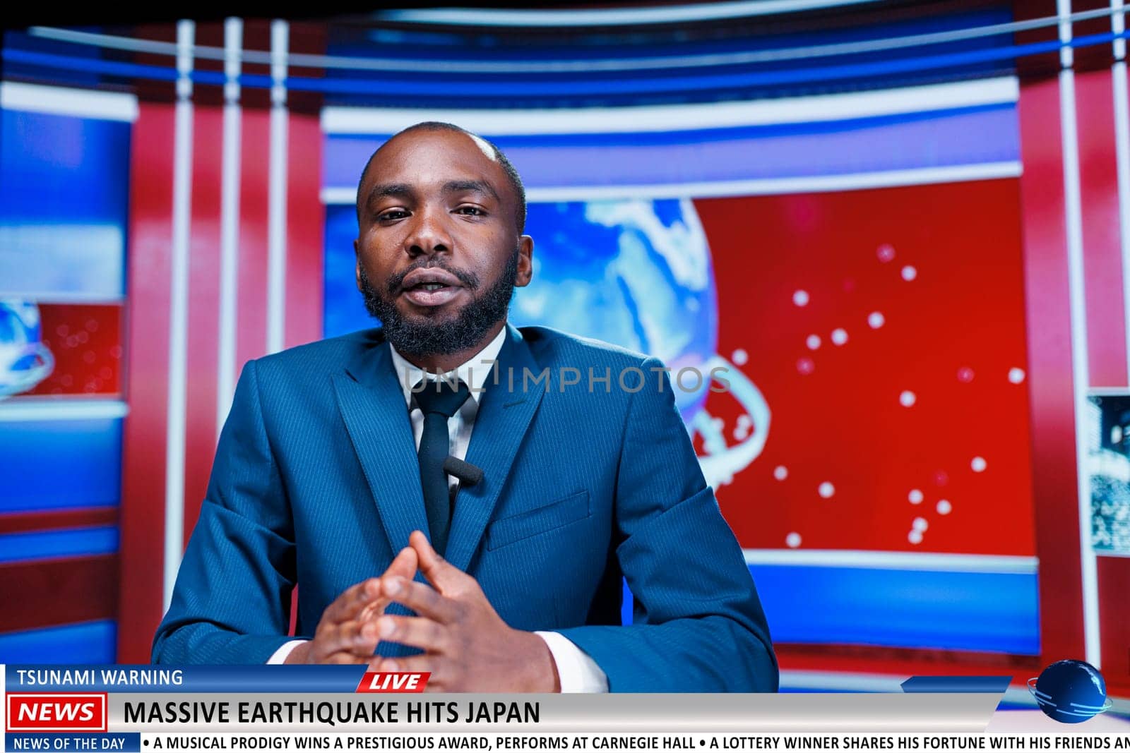 Broadcaster reveal earthquake news in japan, talking about catastrophic natural disaster in newsroom. African american journalist presenting global events and world problems live on television.