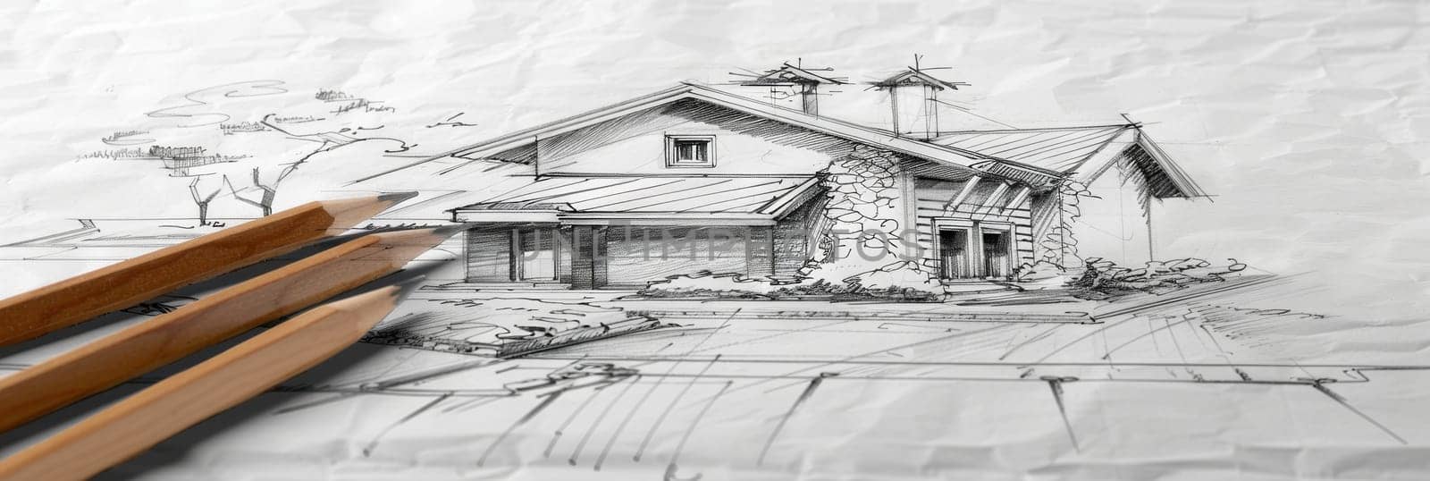 A detailed pencil drawing of a charming house on a piece of paper, showing intricate architectural features and design elements. Generative AI by AnatoliiFoto