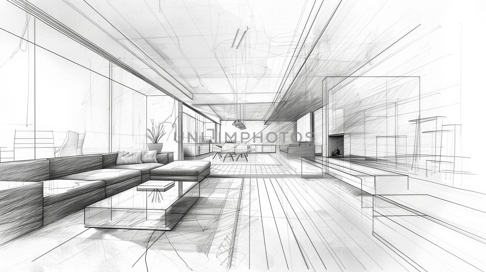 A detailed drawing showcasing a modern living room filled with comfortable couches and elegant tables, exuding a cozy and inviting atmosphere.