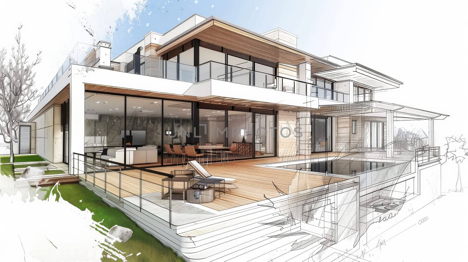 A hand-drawn illustration of a charming house with a sparkling pool in the front yard, showcasing a serene and luxurious living space. Generative AI by AnatoliiFoto