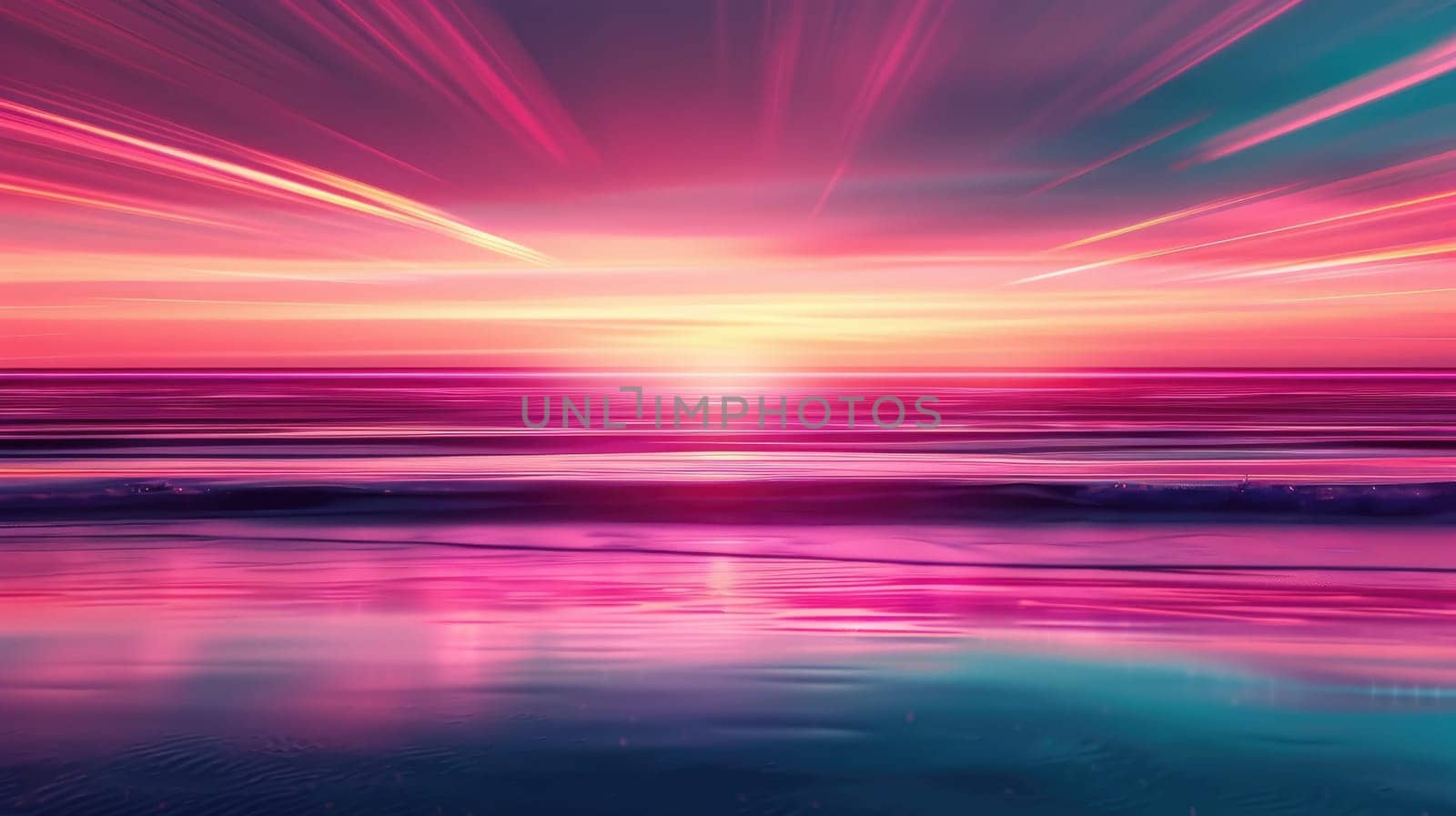 A stunning purple and violet afterglow lights up the fluid horizon as the red sky at morning fades into dusk, casting a colorful sunset over the ocean with a blurred background AIG50