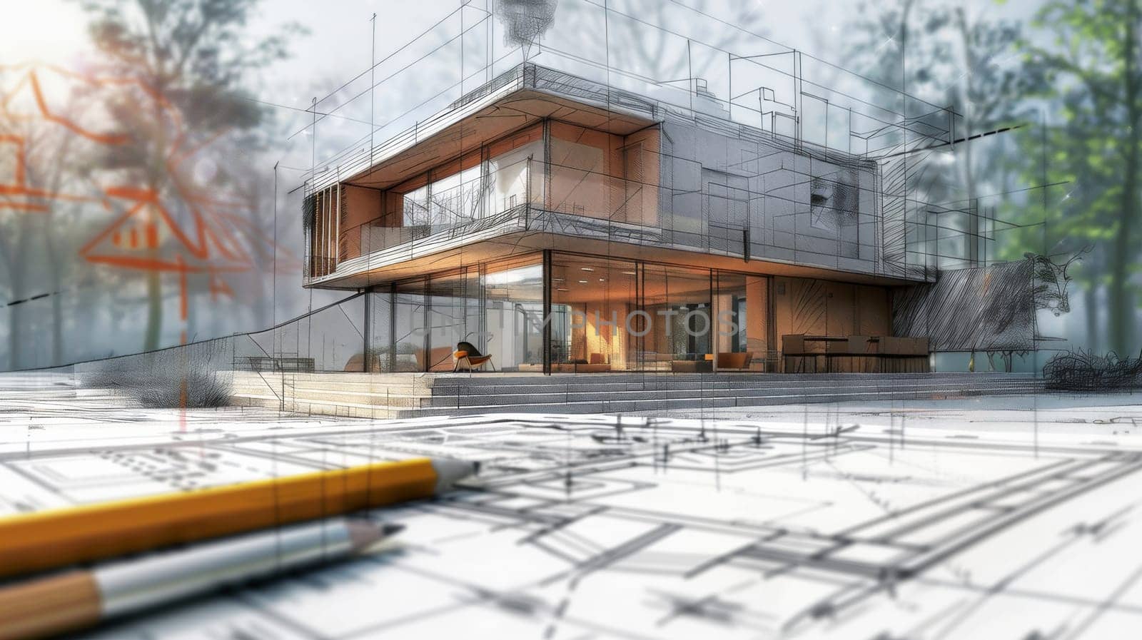 A detailed drawing of a house with a pencil placed in front, showcasing the initial plans and design ideas for a renovation project. Generative AI by AnatoliiFoto