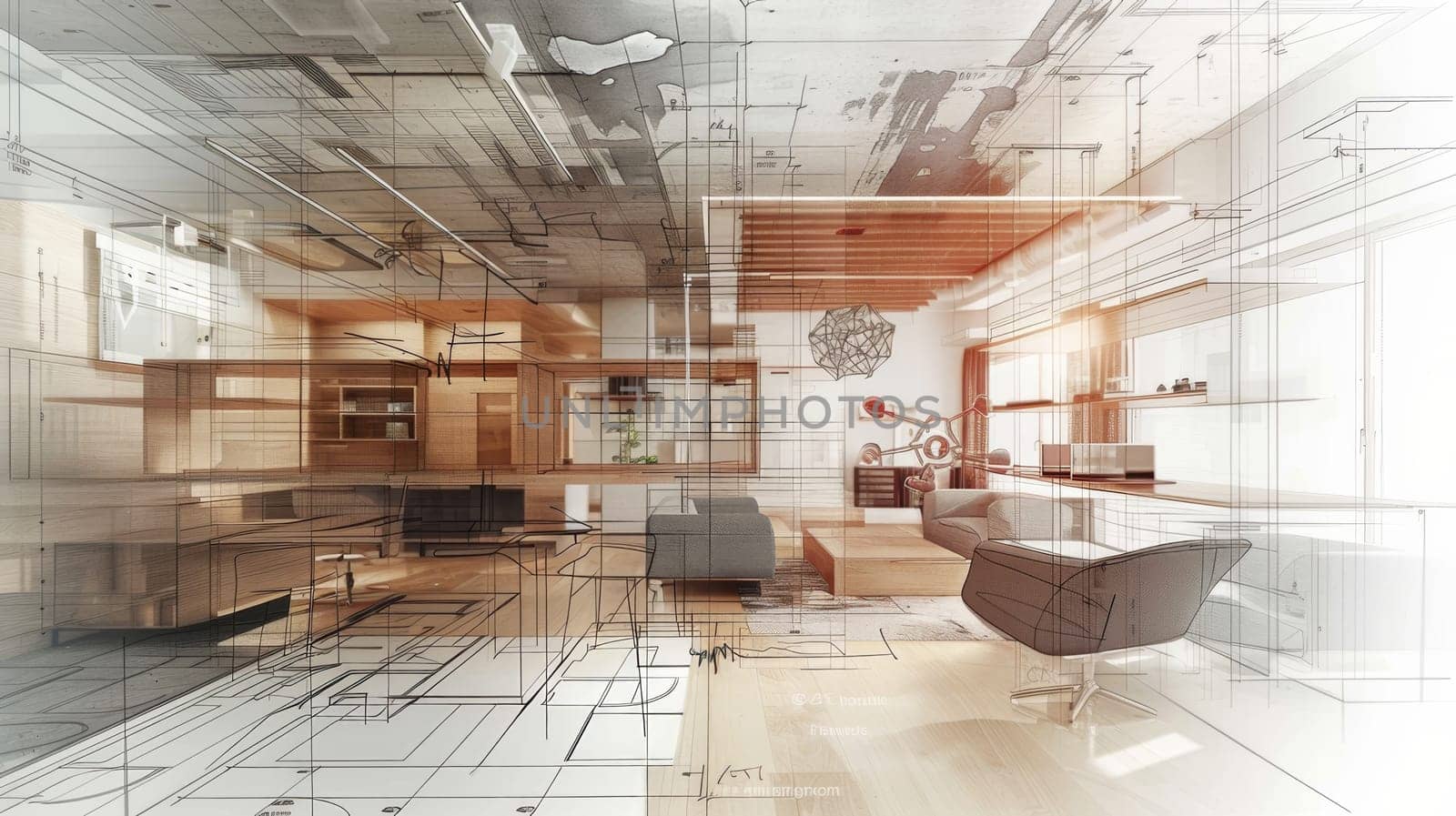 A detailed illustration showcasing a harmonious fusion of a living room and kitchen, with carefully planned design elements and furniture placements. Generative AI by AnatoliiFoto