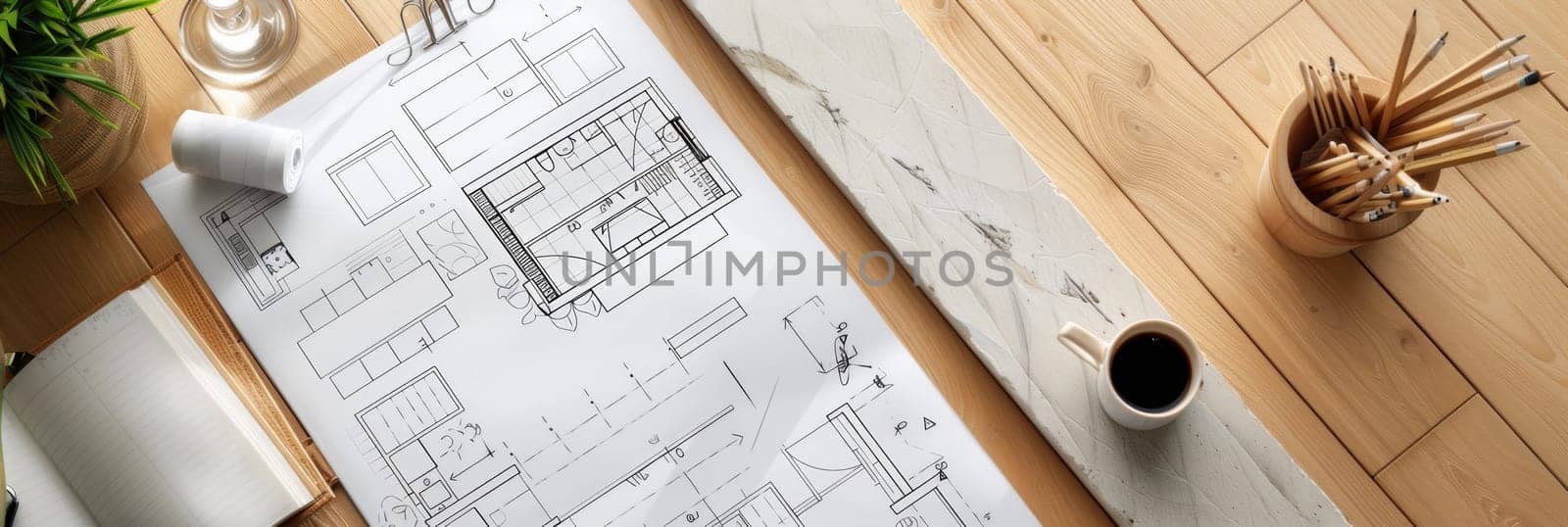 A detailed architectural drawing of a building is displayed on a table, showcasing innovative design and construction plans. Generative AI by AnatoliiFoto