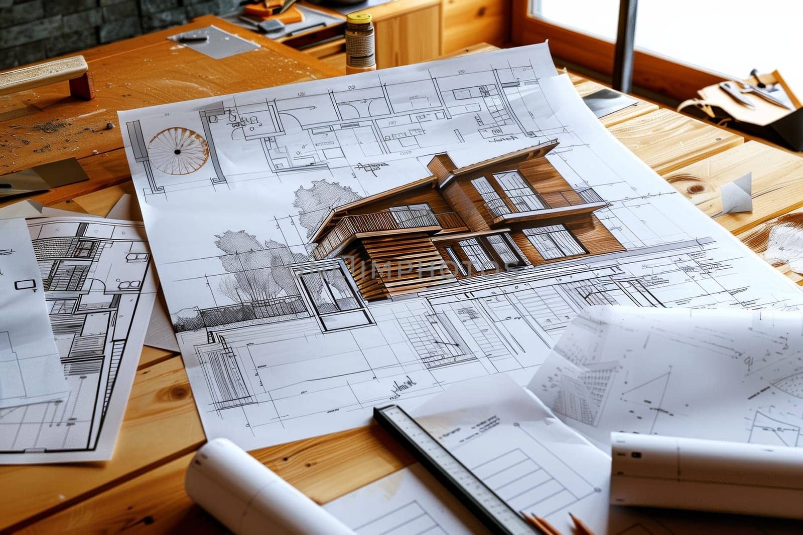 A wooden table covered in a multitude of detailed architectural drawings, showcasing plans and design ideas for a project renovation. Generative AI by AnatoliiFoto