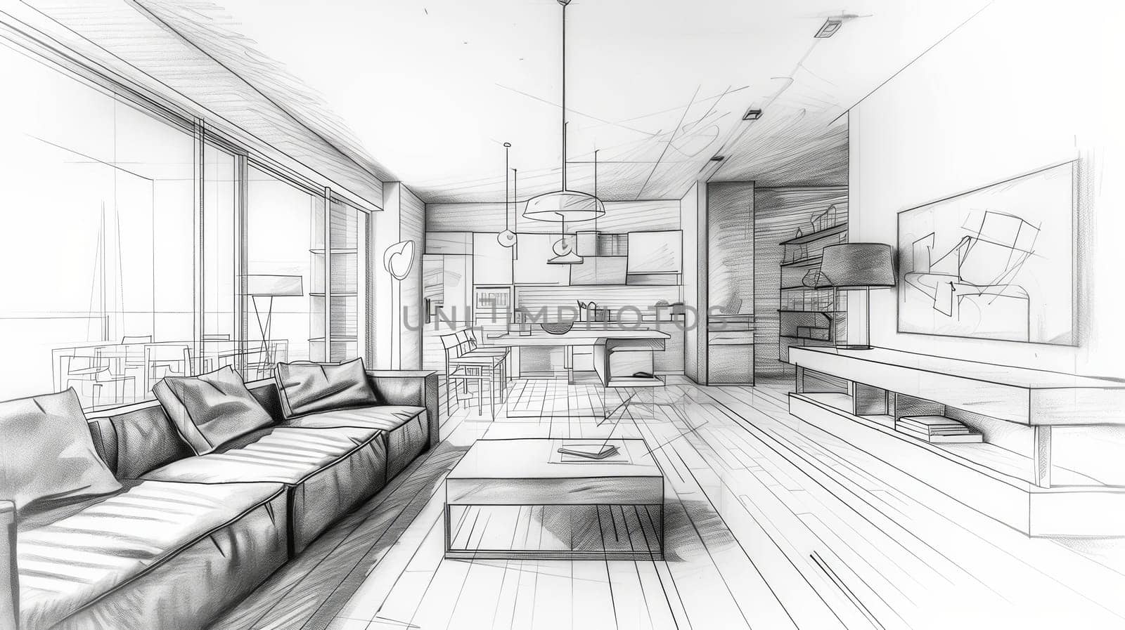 A whimsical drawing of a cozy living room with comfortable couches and elegant tables, inviting relaxation and pleasant conversations. Generative AI by AnatoliiFoto