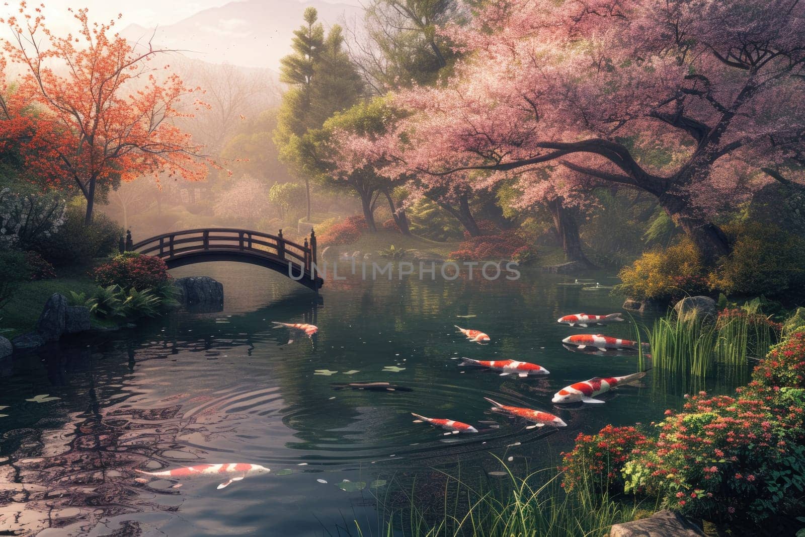 The warm sunset glow reflects on the tranquil waters of a koi pond by a traditional Japanese pavilion, surrounded by the soft pink hues of cherry blossoms. Resplendent.