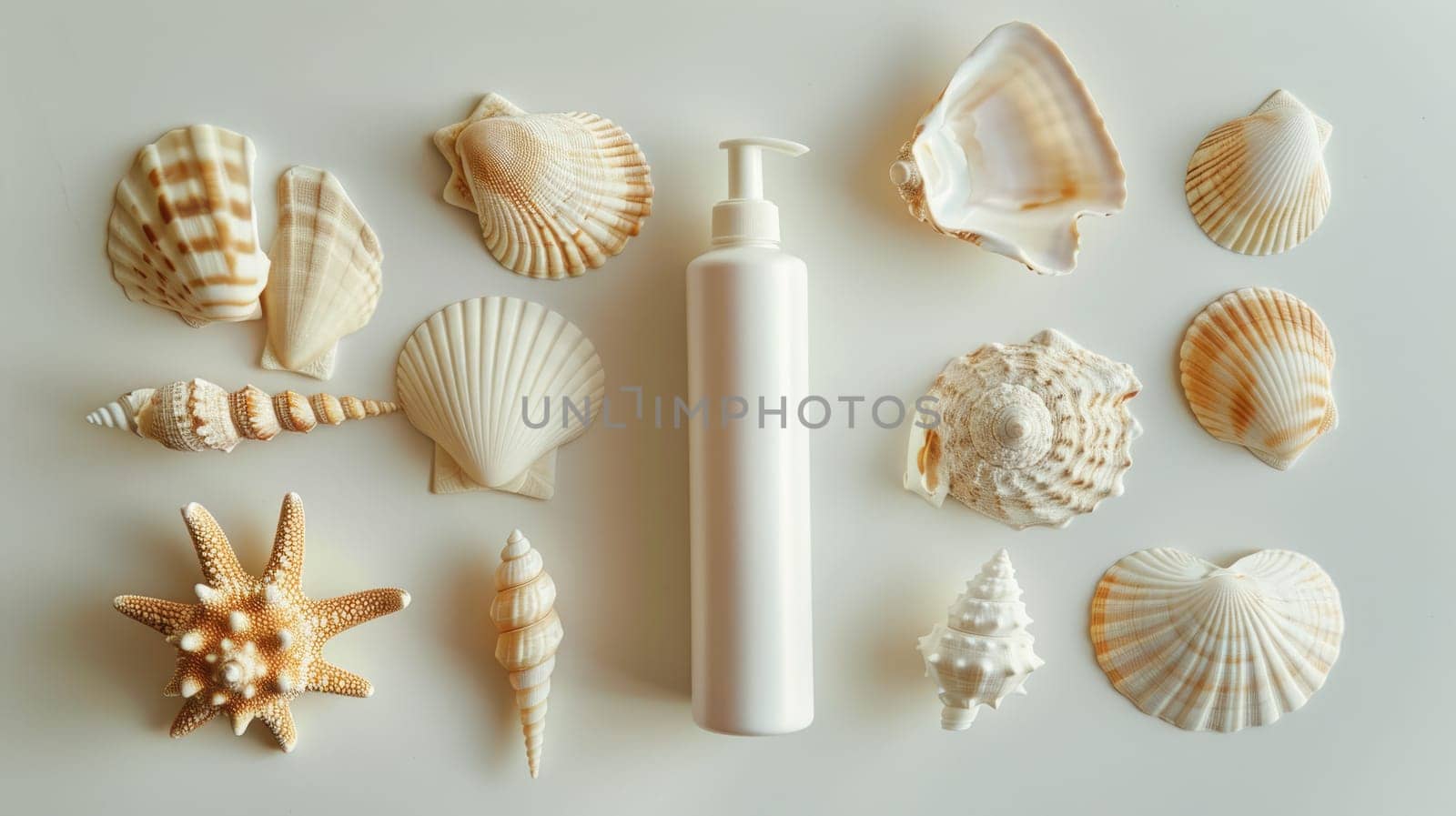 A white bottle of lotion is artistically surrounded by natural materials such as seashells and starfish. The intricate patterns of molluscs and invertebrates closeup create a beautiful piece of art AIG50