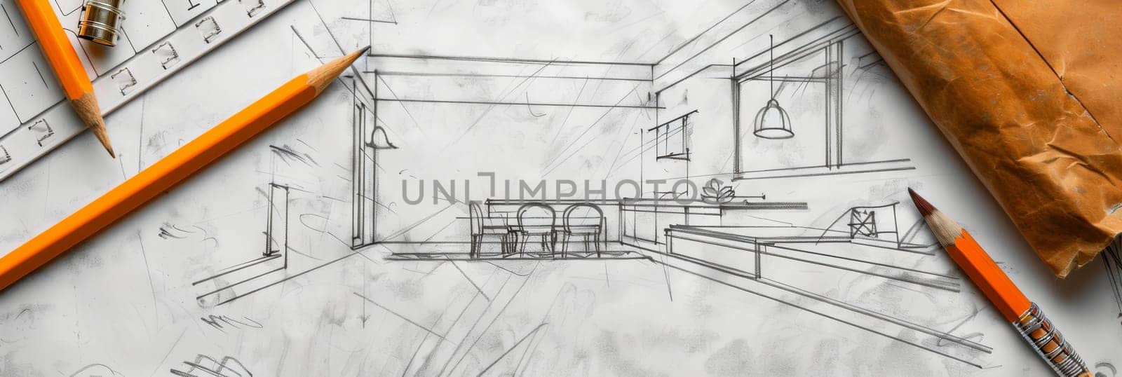 A detailed drawing of a kitchen filled with pencils and paper, showcasing a renovation project in the works with intricate design plans being developed. Generative AI by AnatoliiFoto