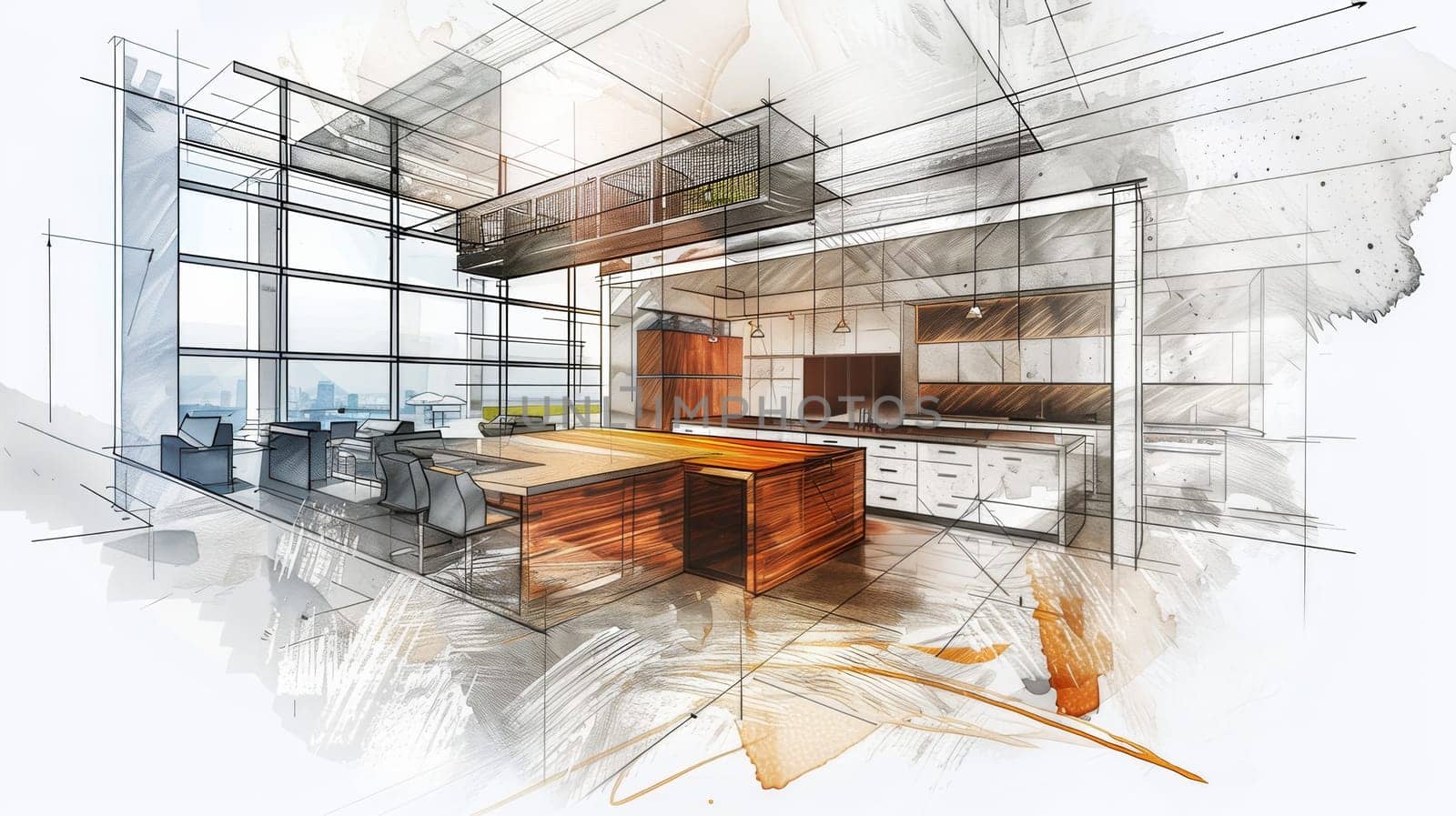 A stunning drawing showcasing a stylish kitchen with a sleek desk and modern cabinets, perfect for a home renovation project. Generative AI by AnatoliiFoto