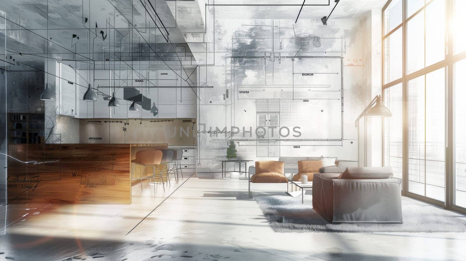 A stylish room featuring a plush couch, sleek chairs, and a modern table, creating a harmonious and inviting oasis. Generative AI by AnatoliiFoto