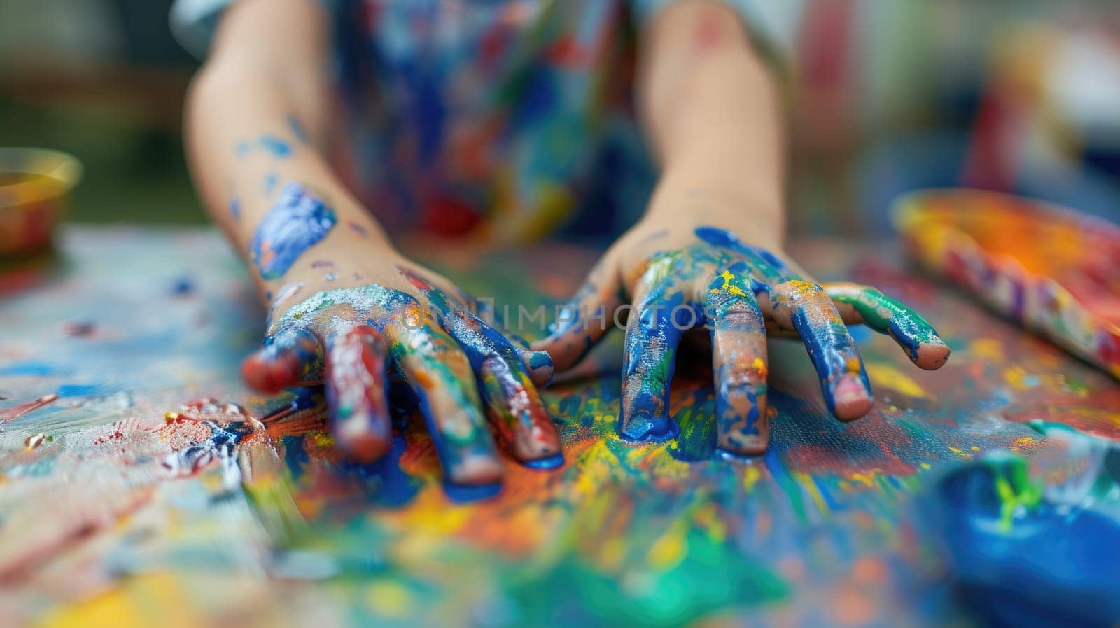 Close up of attractive elementary student hand playing stained color in art lesson. Happy children hand putting hand on paper and doing creative activity in art class. Blurring background. AIG42.