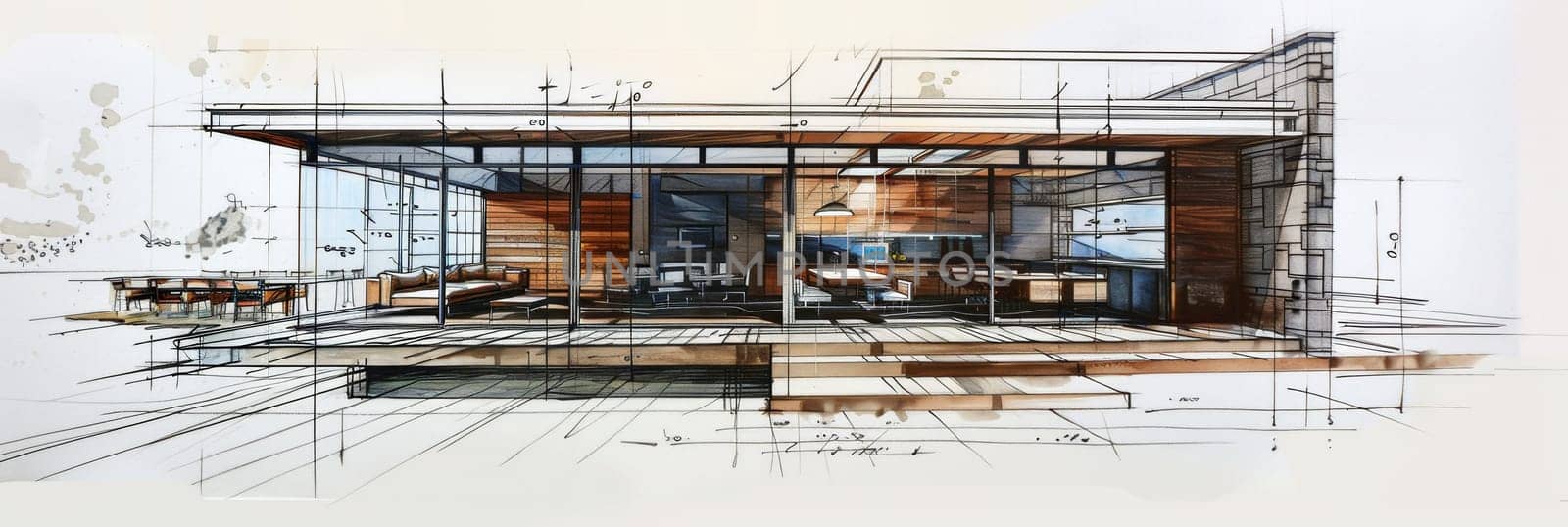 A hand-drawn sketch of a house bursting with an abundance of windows, showcasing a creative and imaginative architectural design concept. Generative AI by AnatoliiFoto