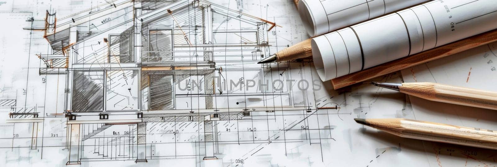 A whimsical drawing of a house coming to life with two pencils beside it, as if they are adding the finishing touches to a design plan. Generative AI by AnatoliiFoto