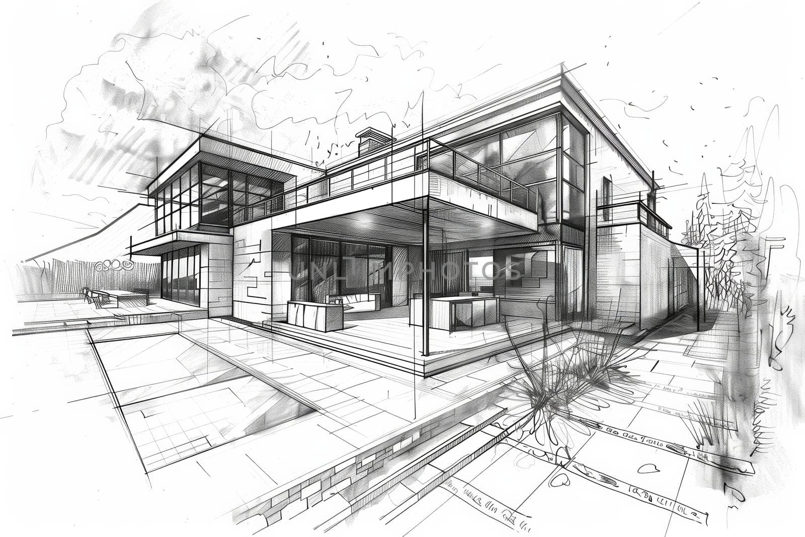 A detailed drawing of a house adorned with numerous windows, creating a symphony of light and glass. Generative AI by AnatoliiFoto