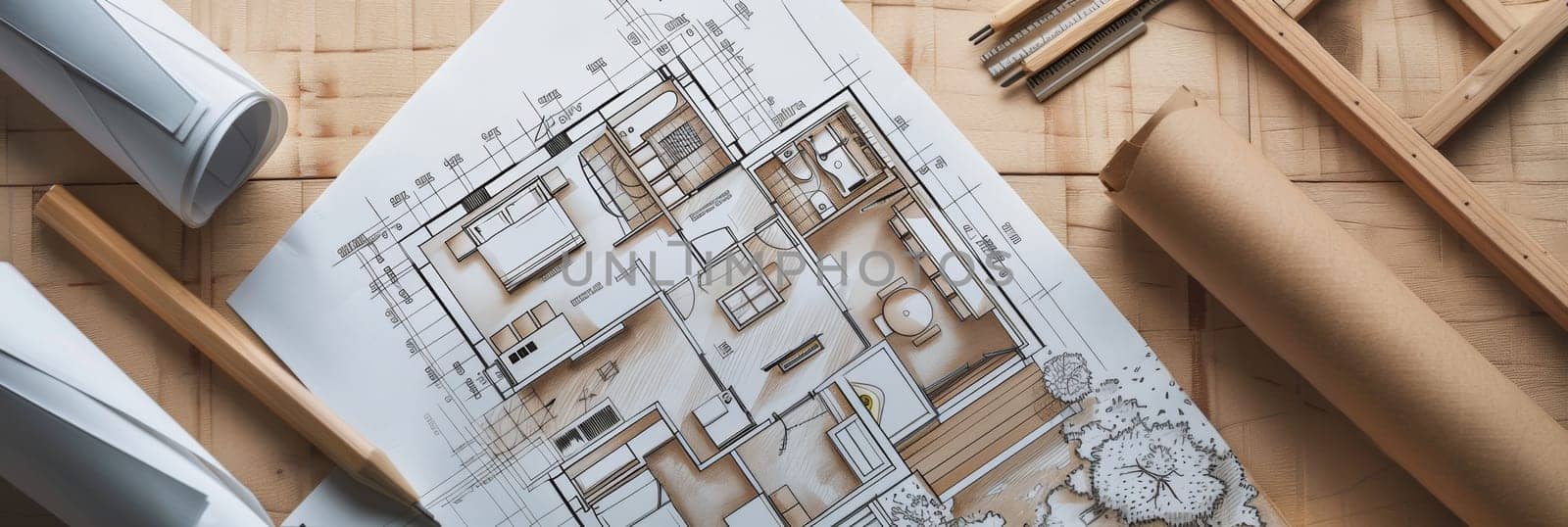 A detailed drawing of a building, intricately sketched on a piece of wood, showcasing architectural precision and creativity. Generative AI by AnatoliiFoto