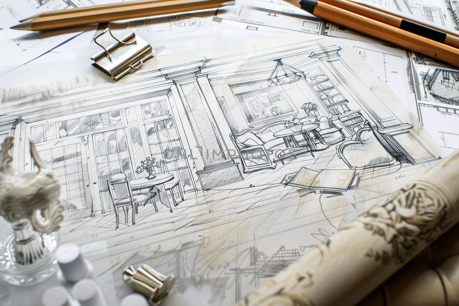 A detailed drawing showcasing a beautifully designed living room seamlessly transitioning into a chic dining area, capturing the essence of modern residential architecture.