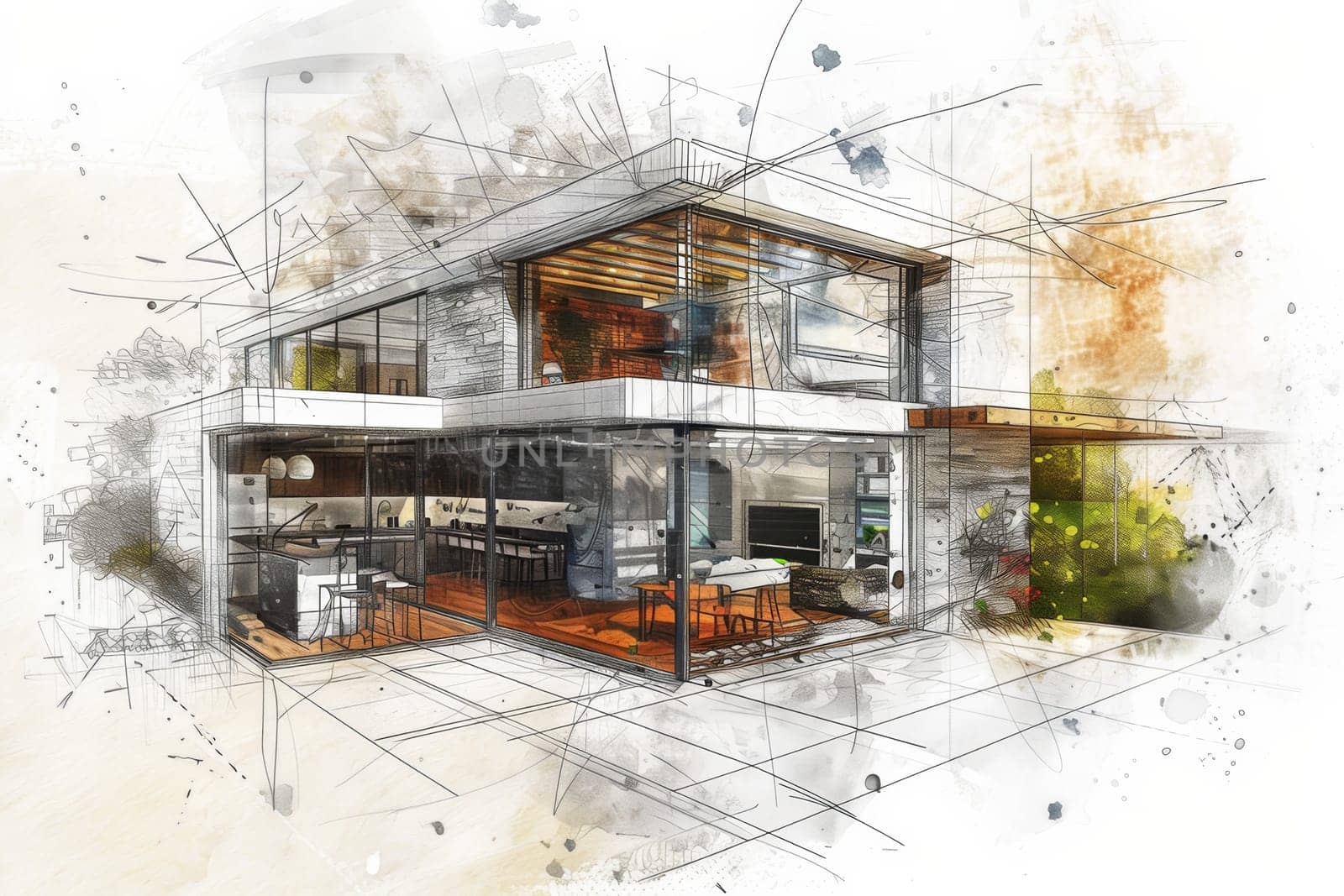 A hand-drawn artistic representation of a house with an abundance of windows allowing sunlight to flood the interior. Generative AI by AnatoliiFoto