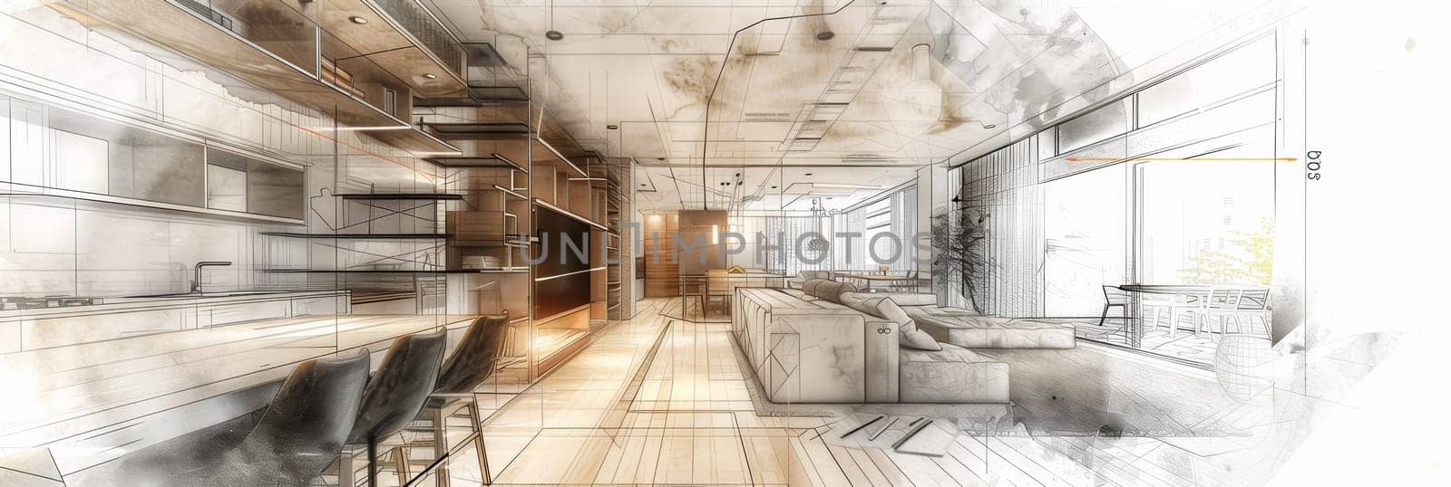 This drawing showcases a beautifully designed kitchen merging seamlessly into a cozy living room, complete with stylish furnishings and intricate details.