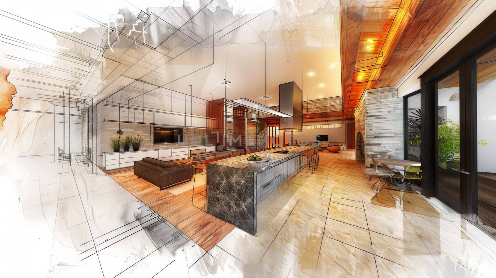 A detailed sketch showcasing a harmonious fusion of a contemporary living room and kitchen with sleek modern furniture and appliances.
