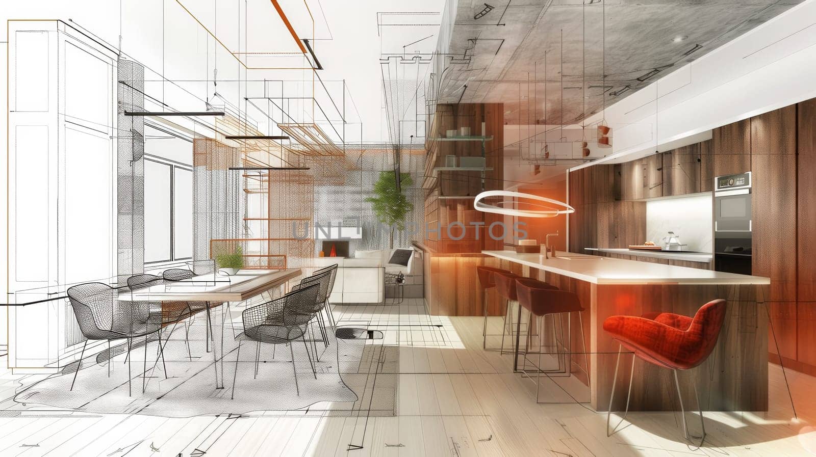 An intricately detailed drawing of a modern kitchen and dining room, showcasing elegant furniture, sleek appliances, and stylish decor. Generative AI by AnatoliiFoto