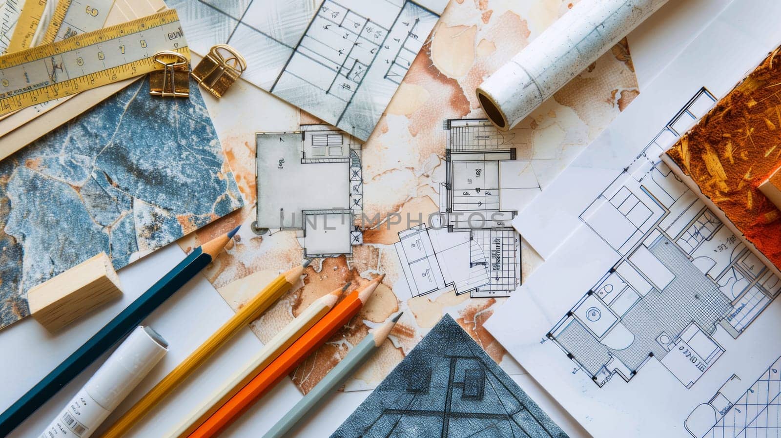 A table covered in numerous architectural drawings and pencils, showcasing a blend of creativity and precision in design and planning.