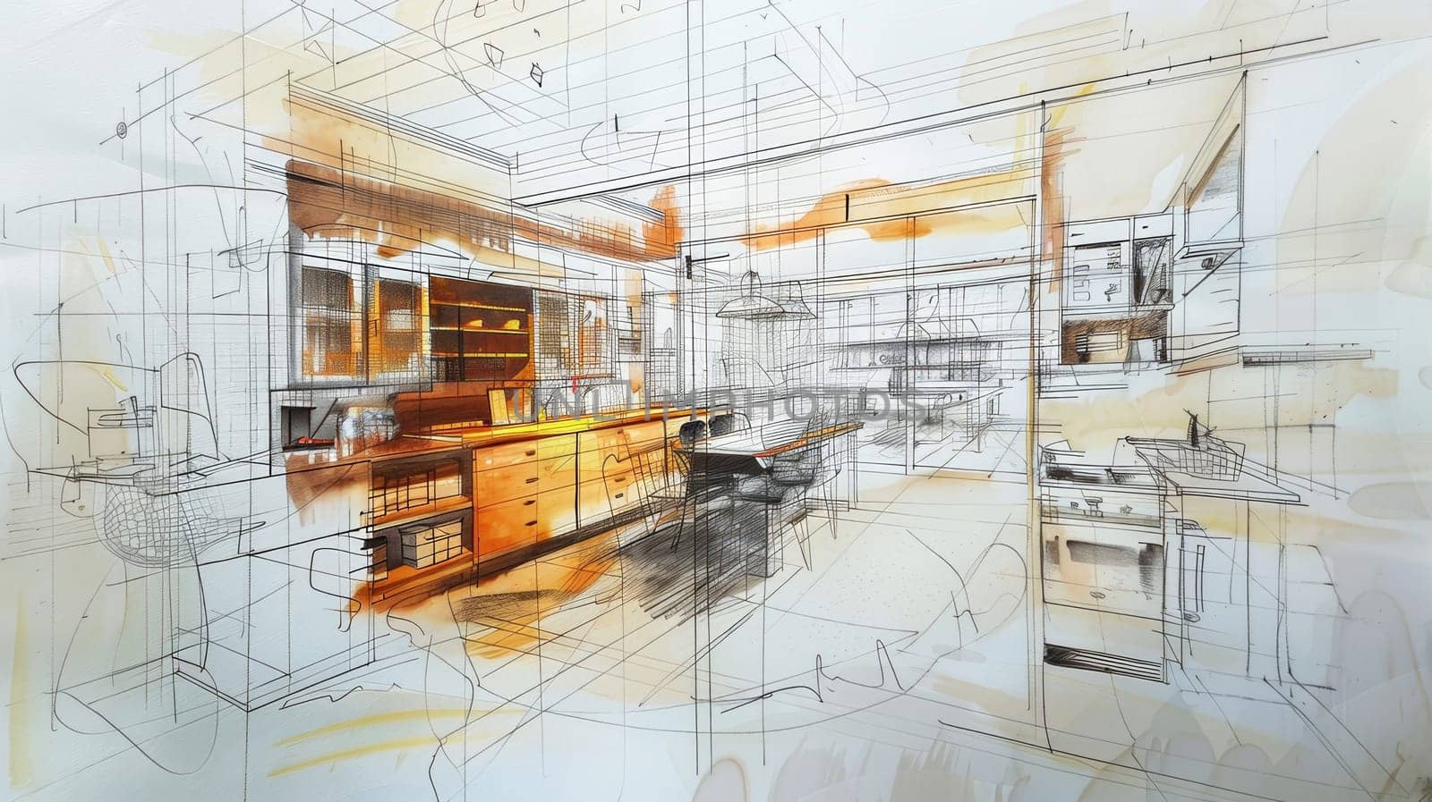 A detailed drawing of a spacious kitchen with ample counter space and storage, featuring modern appliances and a sleek design. Generative AI by AnatoliiFoto