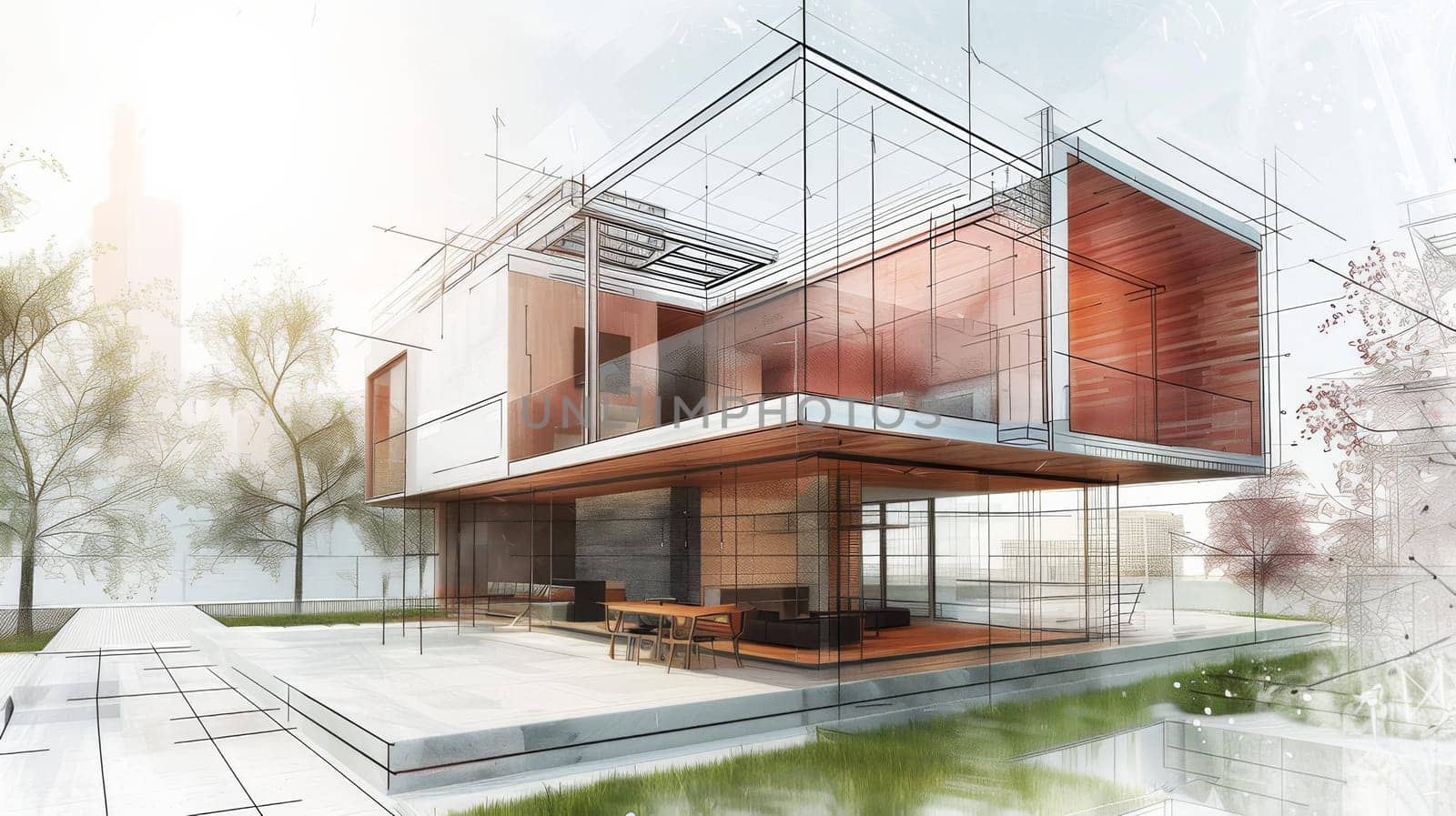 A creative drawing of a house with an abundance of windows, letting in plenty of natural light and showcasing a modern architectural design. Generative AI by AnatoliiFoto