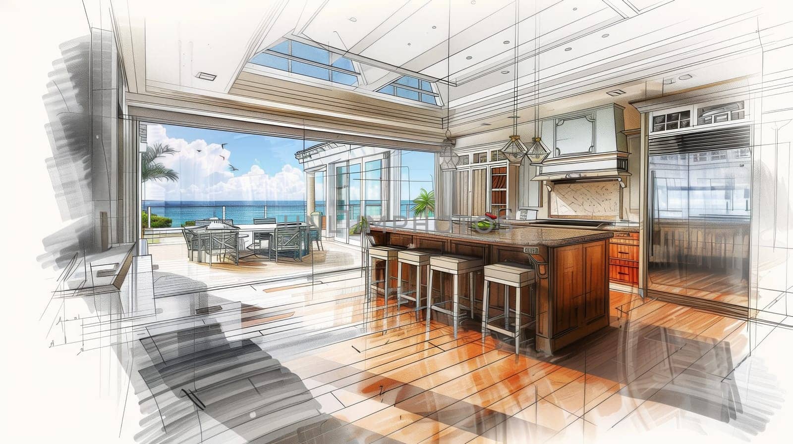 A hand-drawn illustration of a modern kitchen with large windows showcasing a breathtaking view of the ocean. The ocean waves can be seen crashing against the shore in the distance.