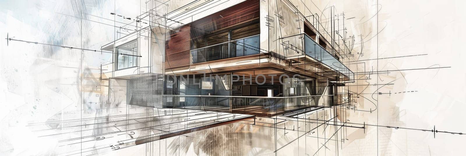 A detailed drawing of a building filled with intricate lines, showcasing a modern architectural design with creativity and precision. Generative AI by AnatoliiFoto