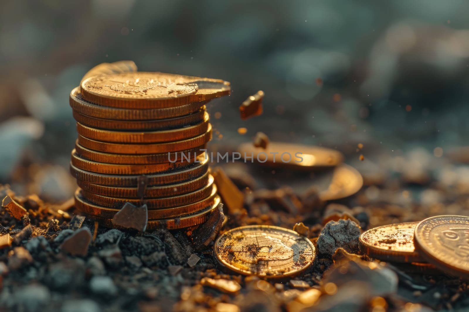 Economic downturn, debt crisis and market crash concept shown by shattering coins AIG41