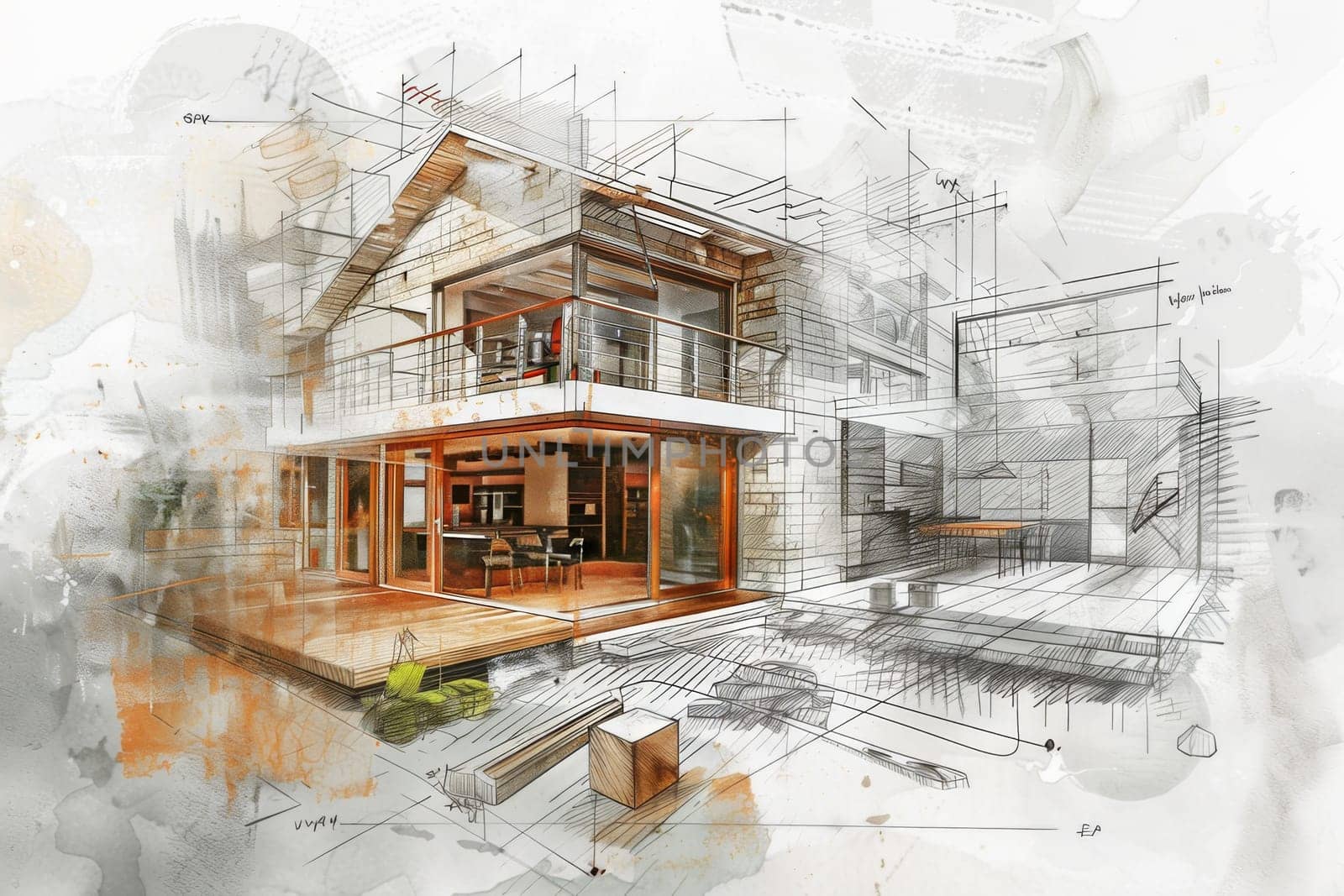 A charming house outlined in pencil, filled with intricate details, set against a clean white background. Generative AI by AnatoliiFoto