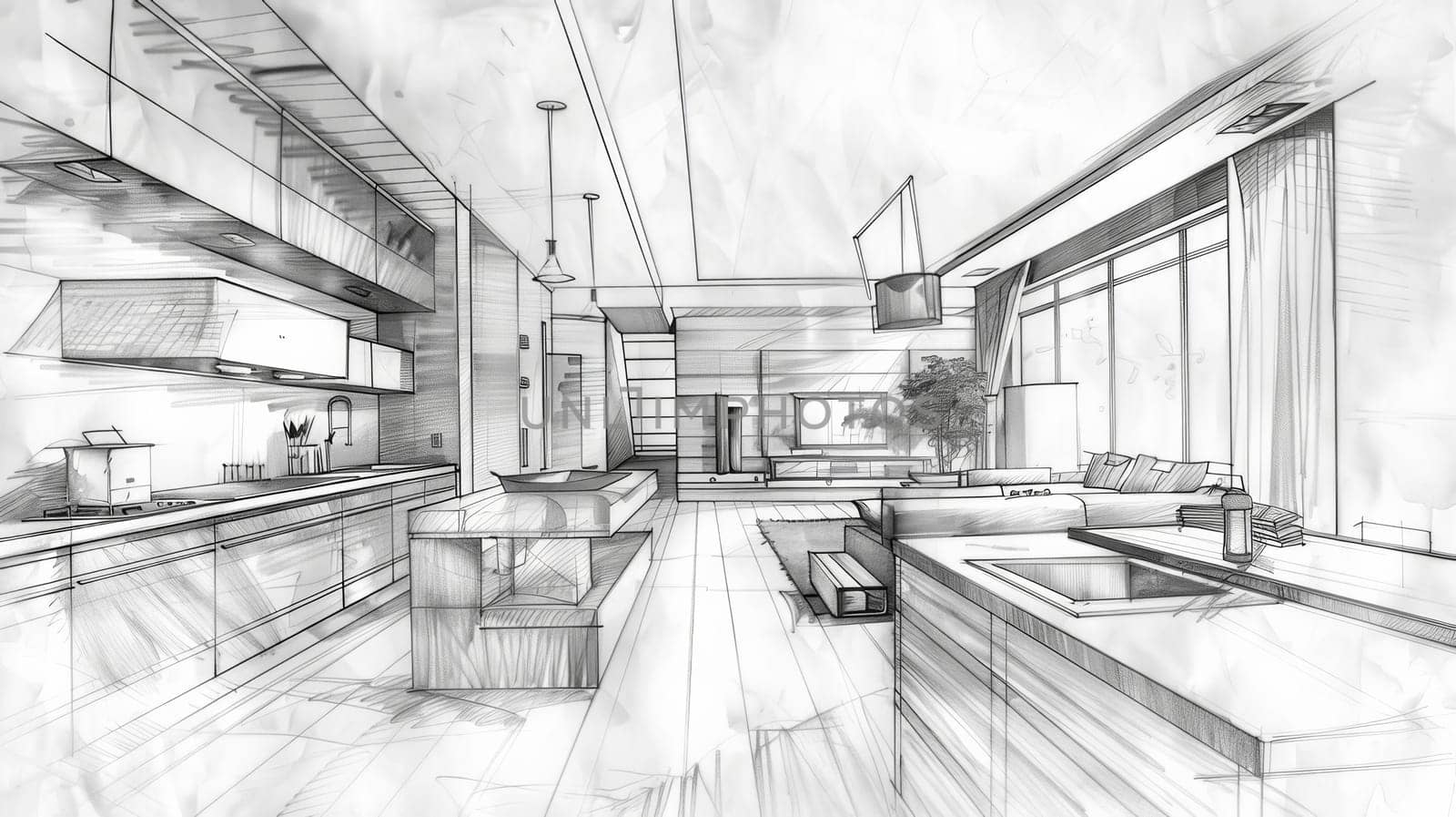 A meticulously detailed drawing showcasing the seamless blend of a kitchen and living room, harmoniously balancing functionality and comfort in a modern design. Generative AI by AnatoliiFoto