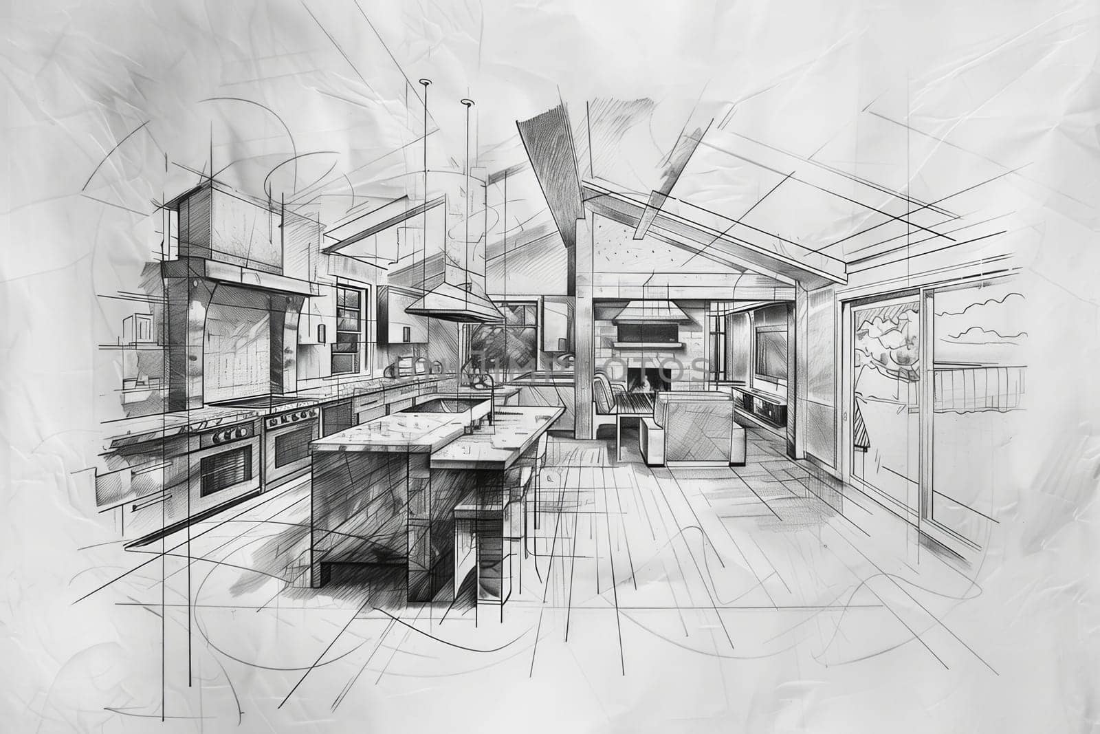 A detailed drawing showcasing a kitchen design with ample counter space, perfect for cooking and food preparation. Generative AI by AnatoliiFoto