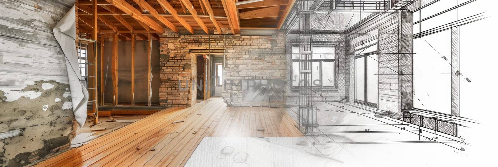 A stunning depiction of a room with a textured brick wall and rich wooden floors, showcasing intricate details and a warm atmosphere. Generative AI by AnatoliiFoto