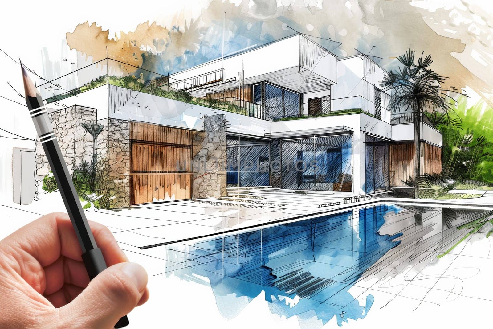 A hand-drawn depiction of a charming house with a crystal-clear pool in front, creating a serene and luxurious oasis in the midst of architectural wonder.