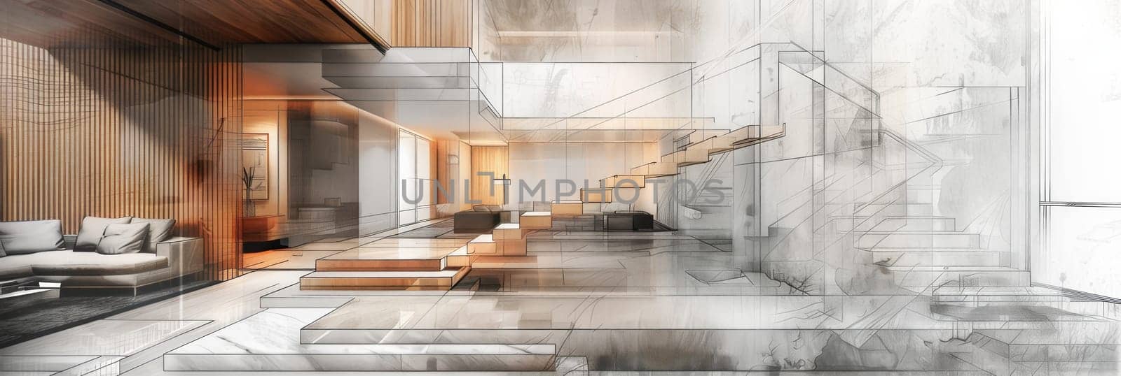 This intricate drawing showcases a cozy living room adorned with stylish couches and a grand staircase, blending modern aesthetics with timeless comfort. Generative AI by AnatoliiFoto