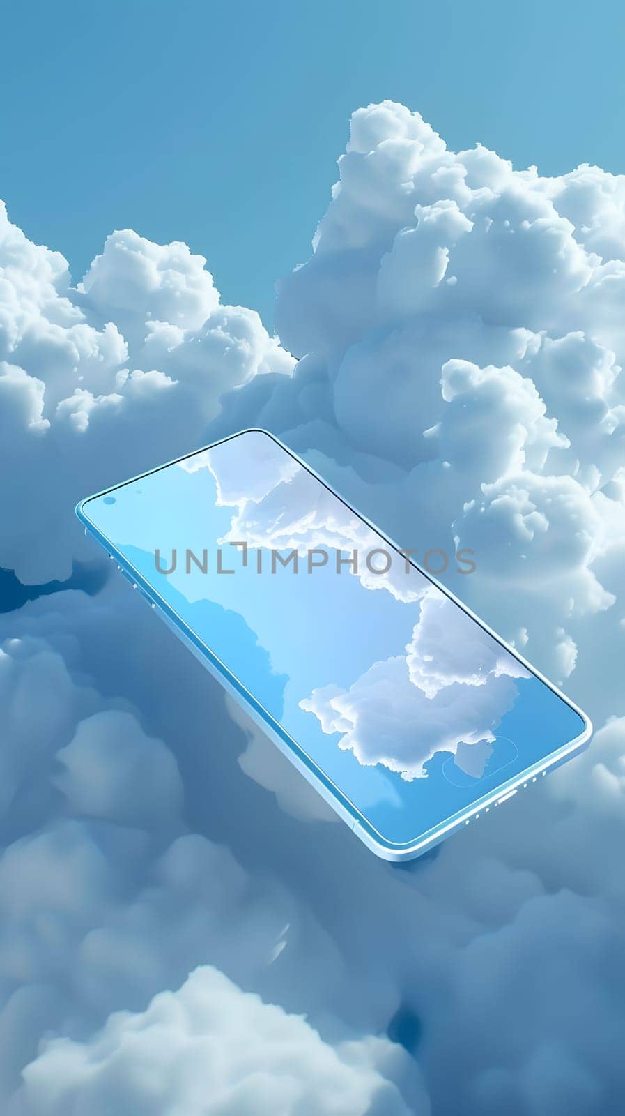 A rectangular cell phone floats among cumulus clouds in the sky by Nadtochiy
