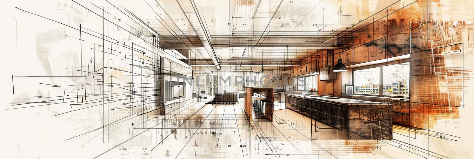A detailed drawing of a room filled with intersecting and overlapping lines, illustrating a complex architectural plan with meticulous attention to detail. Generative AI by AnatoliiFoto